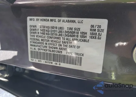 2020 Honda Ridgeline Rtl-E from USA, damaged, VIN 5FPYK3F76LB012928